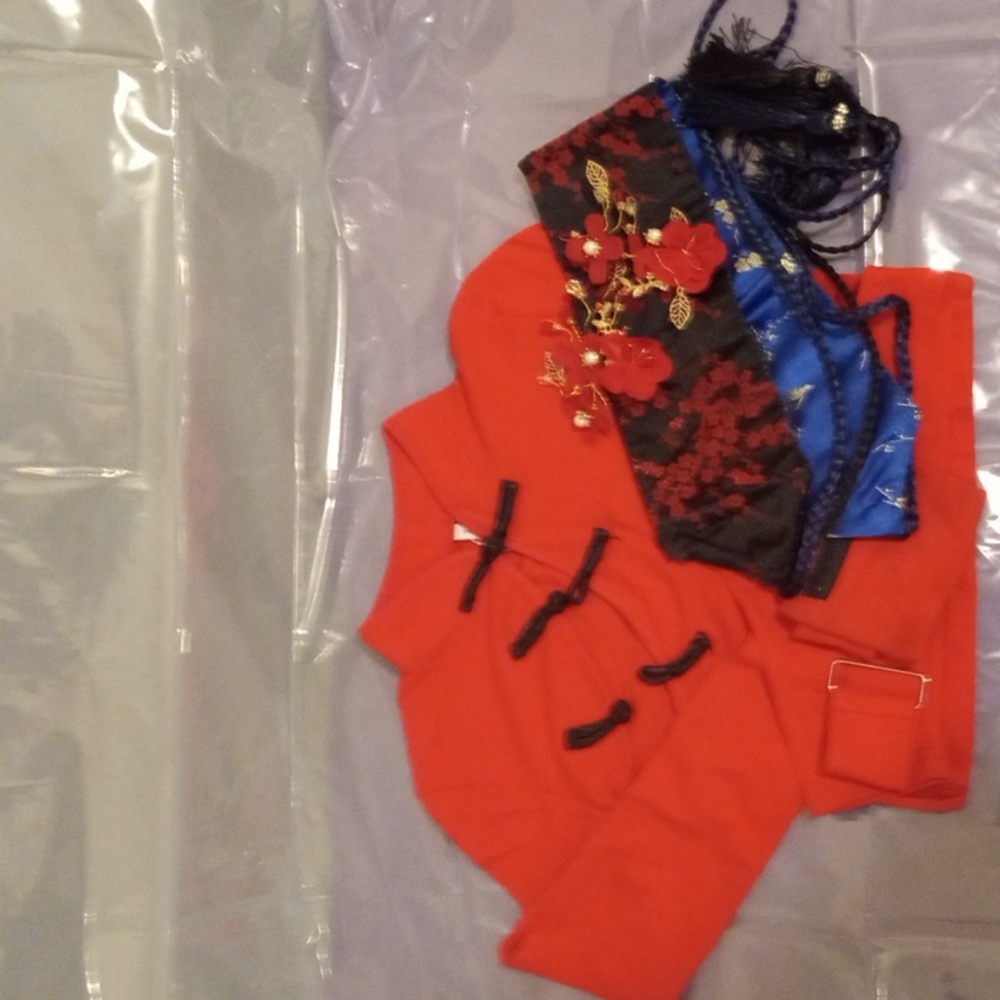 CHINESE RED Cropped BELTED JACKET CHEANGSAM  OUTFIT WITH RED FLOWER PINS CHINESE